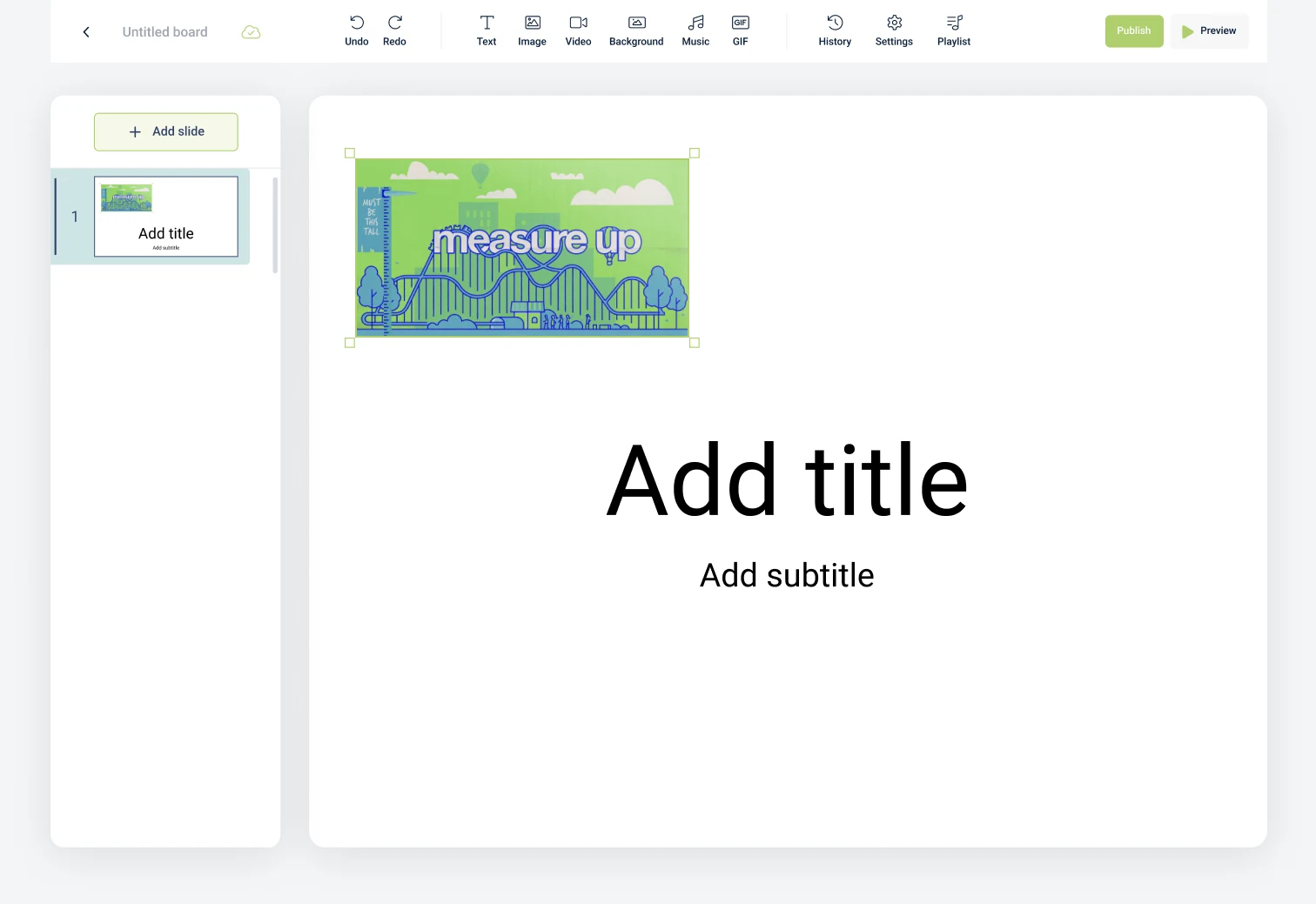 The Grow Slides editor: a slide list on the left, a large slide canvas, and a toolbar for text, image, video, background, music and GIFs, with Publish and Preview buttons.